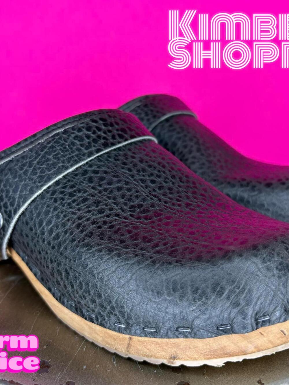 Tessa Black Bison Leather Snap Strap Slip-On Mule Clog EU 38 US 7-7.5